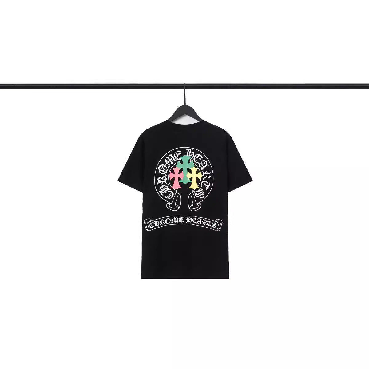 CHH Chrome Heart T Shirts Crowe Scroll Heart Color Cross Print Crew Neck Short Sleeve