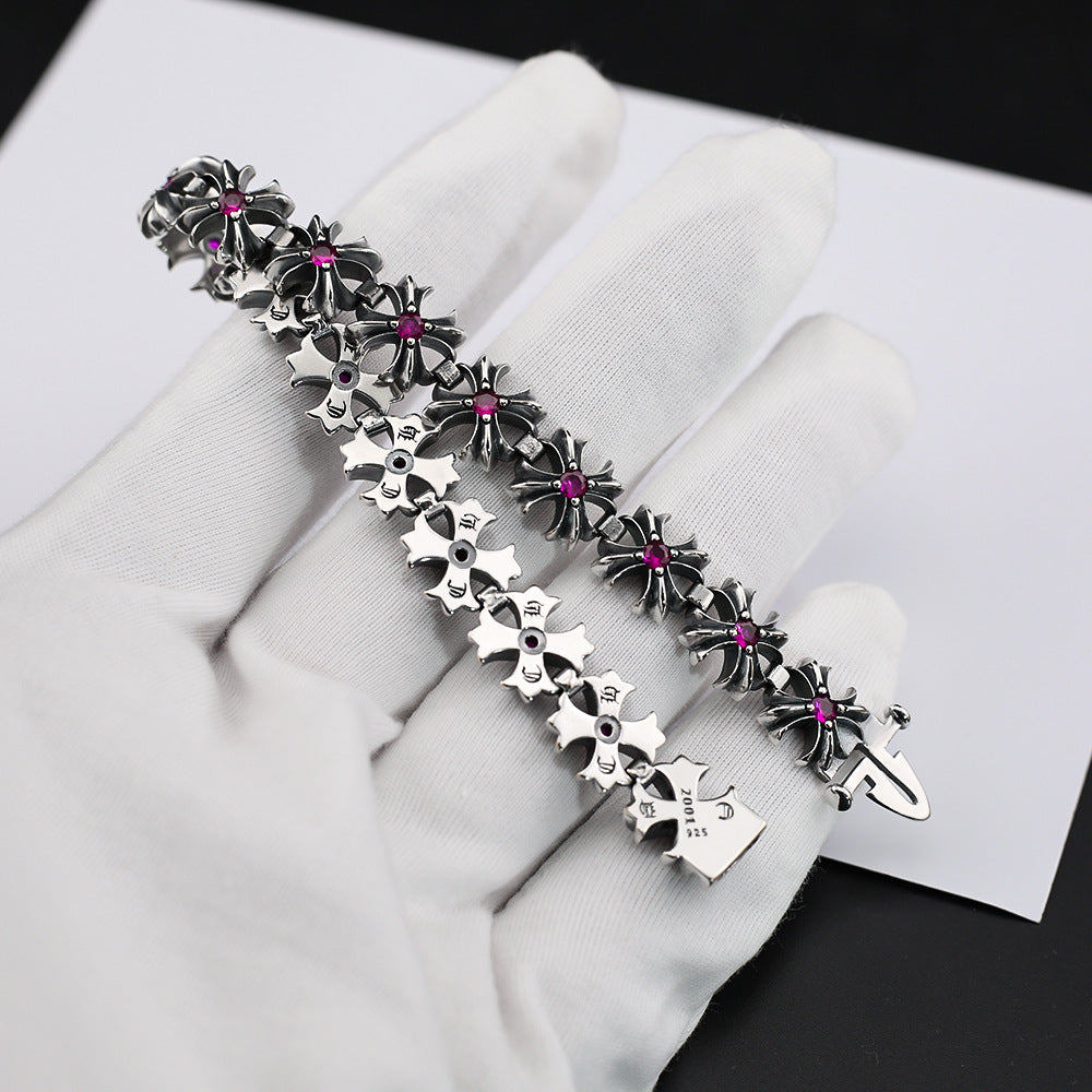 Chrome Hearts Red Diamond Cross Flower Pink Sapphire Plus Bracelet