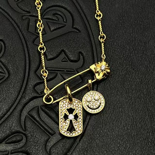 Chrome Hearts Gold Tag Full Diamond Smiley Face Diamond-Inlaid Pin Necklace